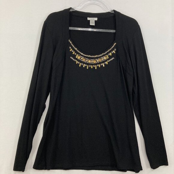 Cache size XL Black Embellished Stretch Knit Long Sleeve Blouse Evening Romantic - Picture 1 of 7
